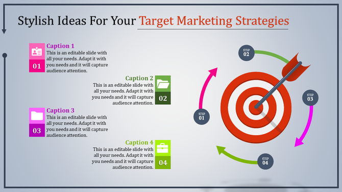 A colorful PowerPoint slide showing target marketing strategies with icons representing people, folders, and business goals.