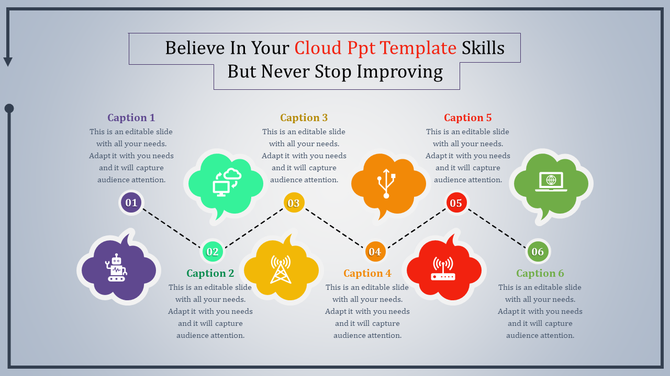 Timeline PowerPoint template featuring six steps with cloud themed icons for various tech related stages with captions.