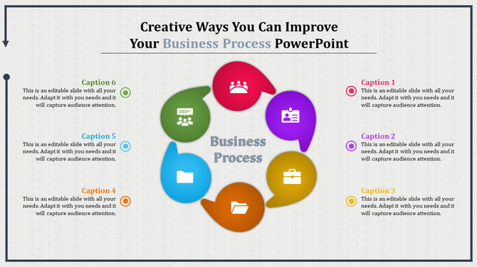 Circular diagram with six colorful speech bubble icons representing business process stages, with captions on each side.