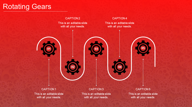A red background PowerPoint slide with rotating gears and captions with text placeholders.