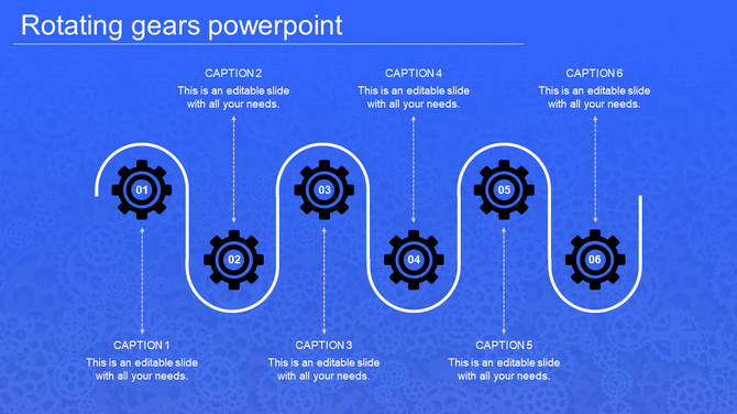 PowerPoint slide with six rotating gears, each accompanied by a caption on a blue backdrop.