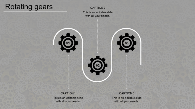 Slide with three black gear icons connected by a curved white path on a gray background featuring gear patterns.