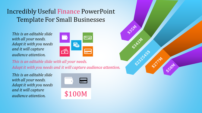 Slide design for small business finance presentations, with colorful labeled ribbons, currency symbols, and caption areas.