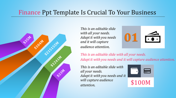 Slide with colorful arrows in purple, orange, blue, and green showcasing financial amounts on a blue gradient background.