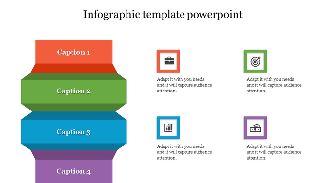Infographic template with four colored blocks for captions on the left, and four icons representing business ideas.