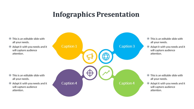 Infographic with four colorful sections in yellow, blue, purple, and green, connected by circular icons and captions.