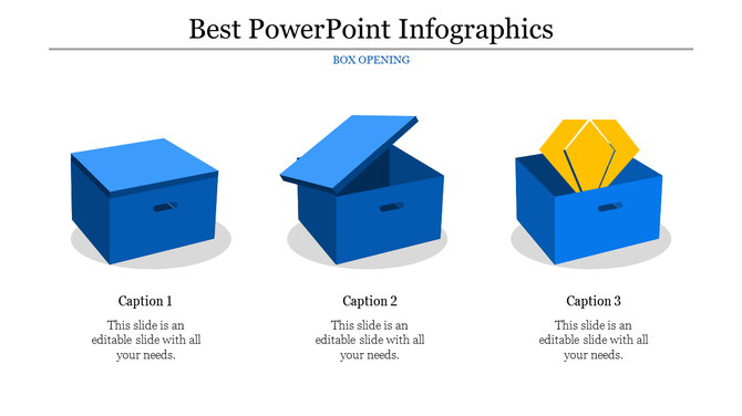 Infographic of a blue storage box evolving from closed to open, revealing a yellow geometric object.