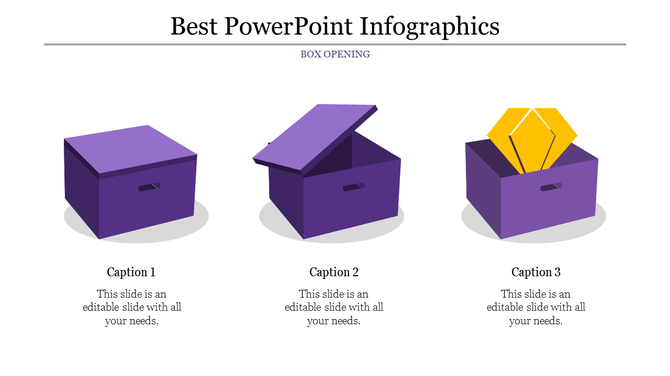 Infographic PPT slide featuring three purple boxes in varying states of being opened, with one box revealing a yellow object.