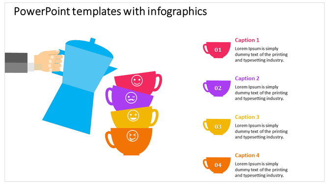 Colorful stacked cups with captions and smiling faces represent a PowerPoint infographic template.