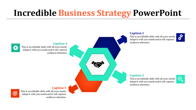 Business strategy slide with four icons surrounding a central hexagonal handshake graphic with caption areas.