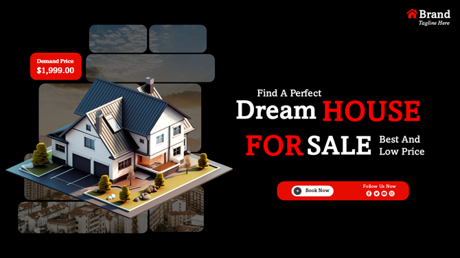 Real Estate slide featuring a 3D home model, demand price, and booking button in a bold, dark theme layout.