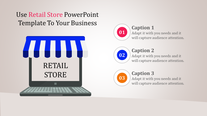 A laptop displaying a Retail Store PPT slide with a blue and white striped awning on top, with captions.