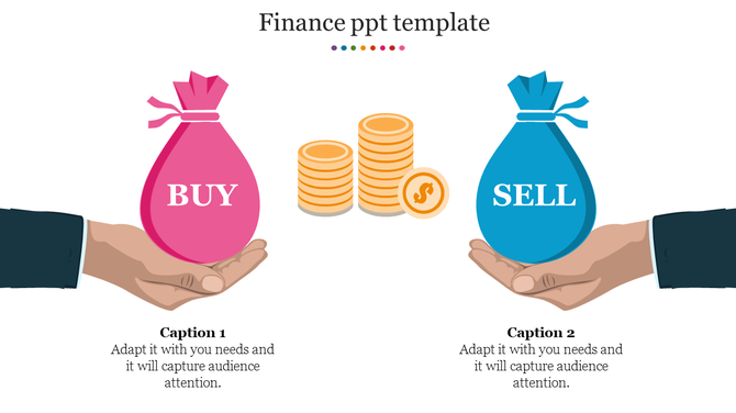 Finance slide showing pink buy and blue sell bags in hands, with stacked coins in the center.