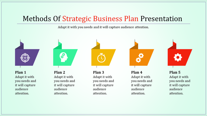 Strategic business plan PowerPoint slide with five flags, each representing a different plan, and caption areas.