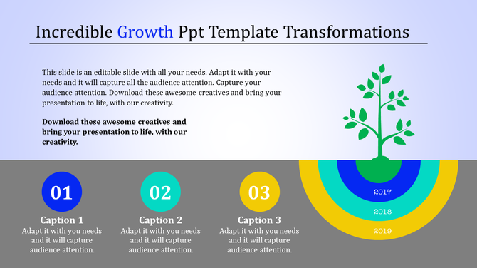 Growth template slide featuring a tree emerging from colored rings representing years, along with three caption areas.