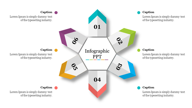 Infographic PPT slide with numbered hexagons and vibrant color blocks, each labeled with step titles and captions.