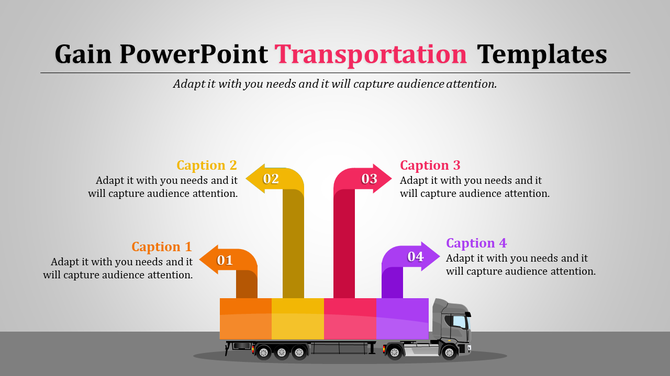 Transportation-themed template with a truck and four arrows of different colors, each with a caption area.