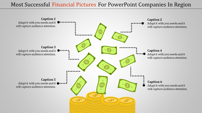 Financial PowerPoint slide with floating dollar bills and stacked coins, with captions around the image.