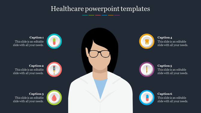 Dark background slide featuring a doctor illustration and six evenly spaced circular icons representing healthcare elements.