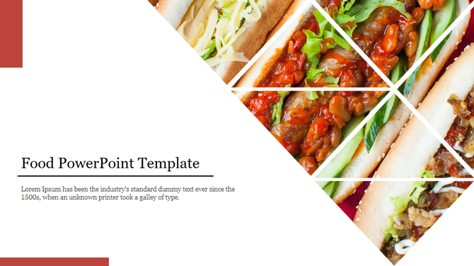 Food PowerPoint template featuring a creative collage of food items in triangular sections with placeholder text.
