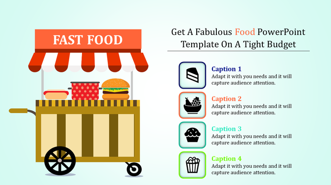 Illustration of a fast food cart on the left and four numbered captions with icons for food categories on the right.