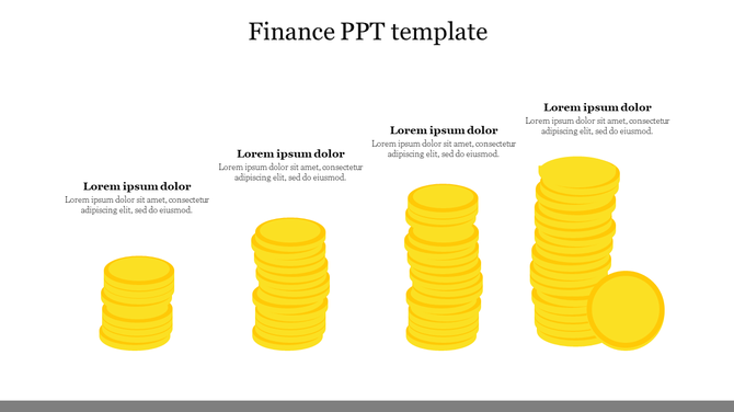 Finance PowerPoint slide featuring stacked coins representing financial growth with placeholder text.