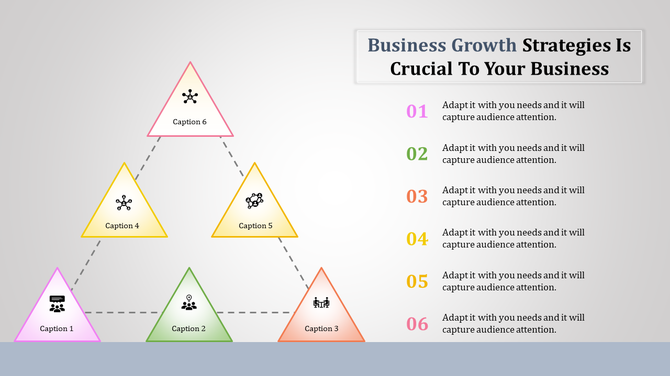 Business growth strategy PPT slide with six triangular shapes, each containing a relevant icon, connected by dashed lines.