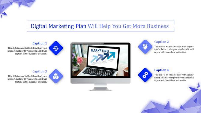 Digital marketing plan presentation slide with a computer displaying growth strategies and blue decorative accents.