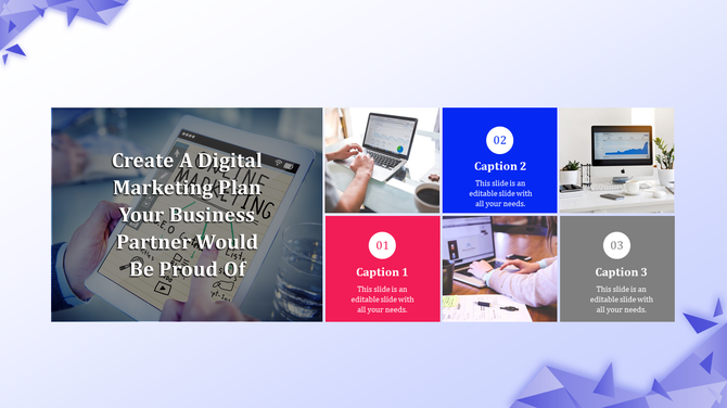 Digital marketing PowerPoint slide showcasing graphs, charts, and planning tools with colorful captions.