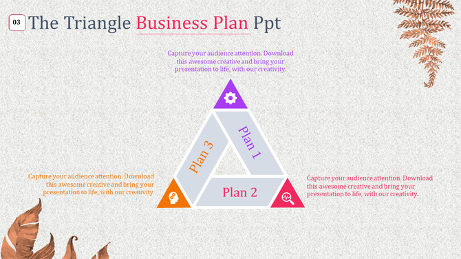 Business slide featuring a triangular layout with purple, orange, and red accents, set on a textured background.