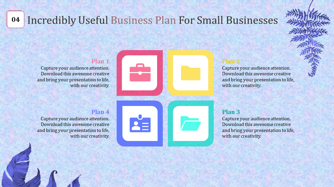 Colorful business plan slide with icons representing briefcase, folder, ID card, and documents for small business strategies.