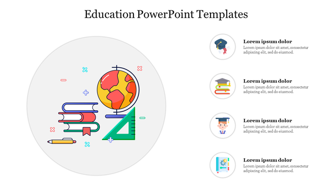 Educational slide with colorful globe, books, and ruler on the left and four captions with icons on the right.