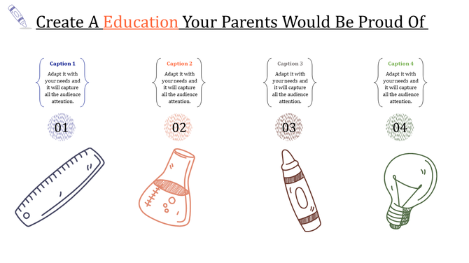 Educational slide with hand drawn icons of ruler, flask, crayon, and light bulb, each paired with captions and numbers.