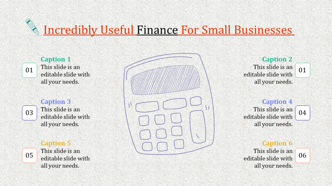 Hand-drawn calculator illustration for finance entered, with six numbered placeholders text areas on both sides.