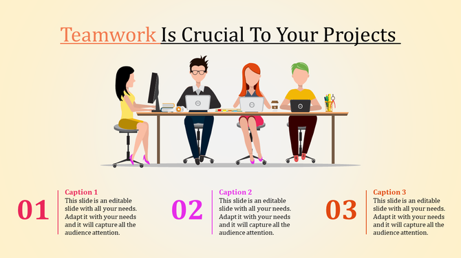 Teamwork themed PowerPoint slide featuring a group of people working together at a table with laptops.