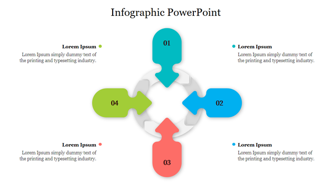Infographic with interconnected numbered arrows in teal, blue, red, and green, forming a circular flow design.