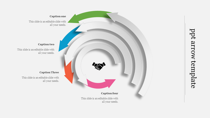 PowerPoint template with a circular arrangement of colorful arrows leading to a handshake icon in the center.