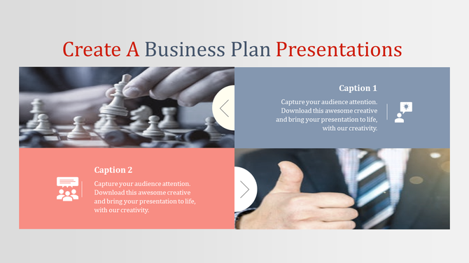 Business plan PowerPoint template showcasing chess strategy imagery and a handshake, paired with captions.