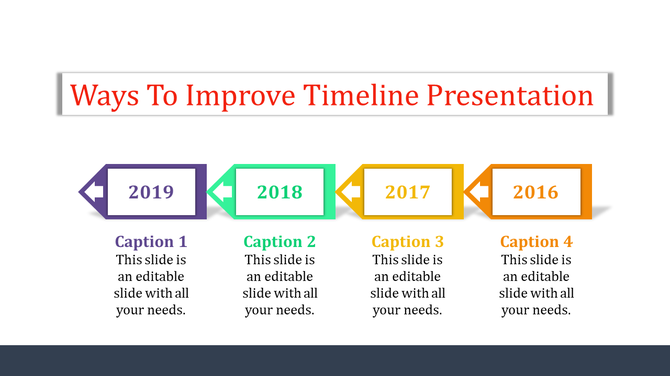 Colorful timeline template showing sequential years from 2016 to 2019 with captions and arrow shaped boxes.
