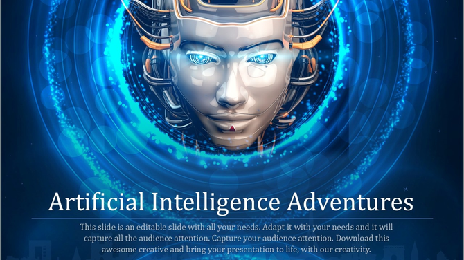 A futuristic robotic face in the center, surrounded by glowing blue rings, with text below about artificial intelligence.