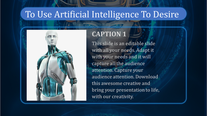 AI themed slide featuring a robotic figure and text within a glowing frame on a dark blue backdrop.