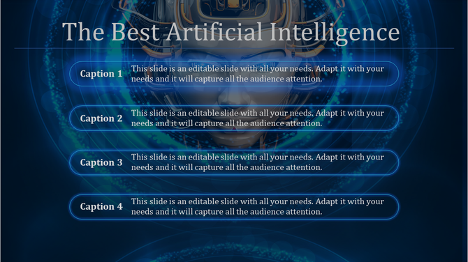 Slide with a futuristic AI face in the background, featuring four glowing blue text boxes, on a dark digital theme.