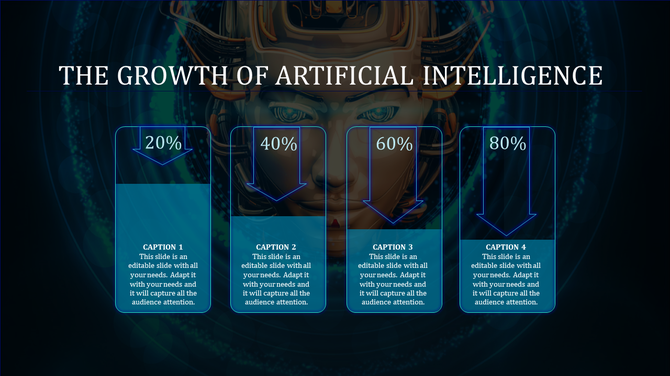 Four blue gradient boxes with percentage labels and downward arrows, set against a dark background featuring a robotic face.