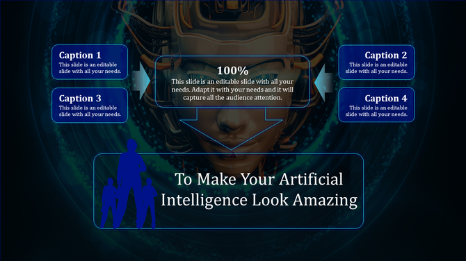 AI-themed slide with a futuristic face design in the center surrounded by caption areas placed in a dark background.