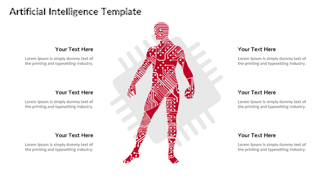 Artificial Intelligence slide with space for text and a red circuit pattern representing a human figure paired with elements.