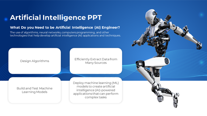 Slide featuring a humanoid robot and key AI engineering tasks such as designing algorithms and building ML models.