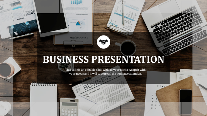 Professional business presentation slide with a background of a workspace featuring documents, a laptop, and a coffee cup.