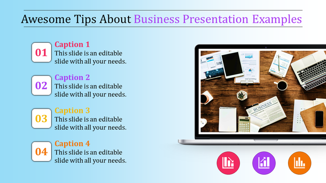 Business presentation template with captions and a laptop showcasing analytics and documents on a desk.
