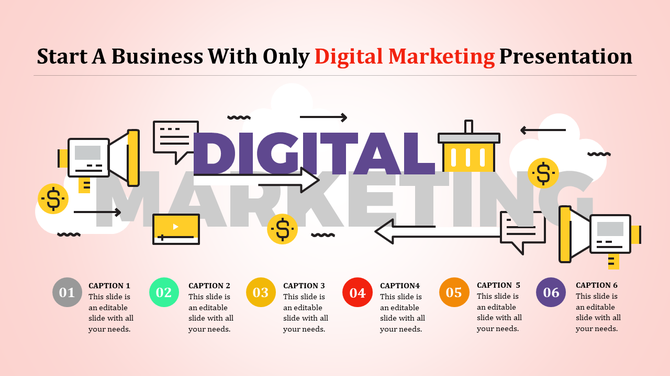 A large title with arrows and icons related to business, with six colorful numbered captions at the bottom.