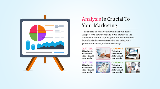 Marketing analysis PowerPoint template featuring a chart on an easel and four captions with visuals.